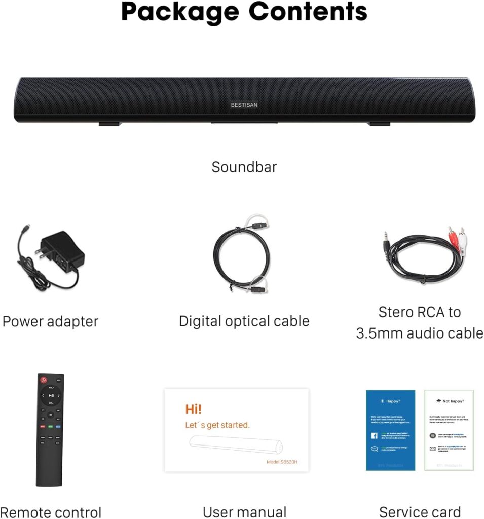 80Watt 34Inch Sound bar, Bestisan Soundbar Bluetooth 5.0 Wireless and Wired Home Theater Speaker (DSP, HDMI-ARC, Bass Adjustable, Optical Cable Included)