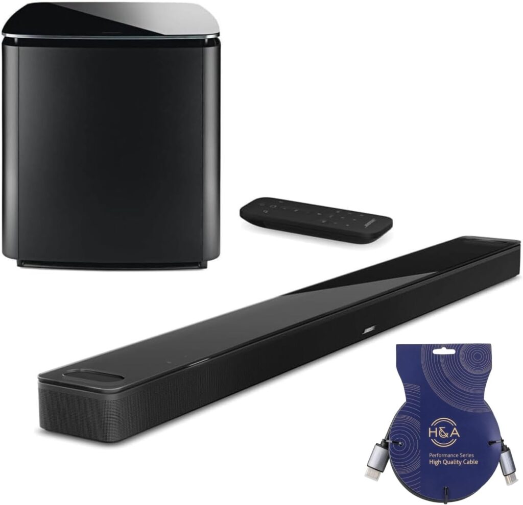 Bose Smart Ultra Dolby Atmos Soundbar, Black, Bundle with Bass Module 700 and 2X Surround Speakers 700, with HA Brand 10 HDMI Cable (Soundbar + Bass, Black)