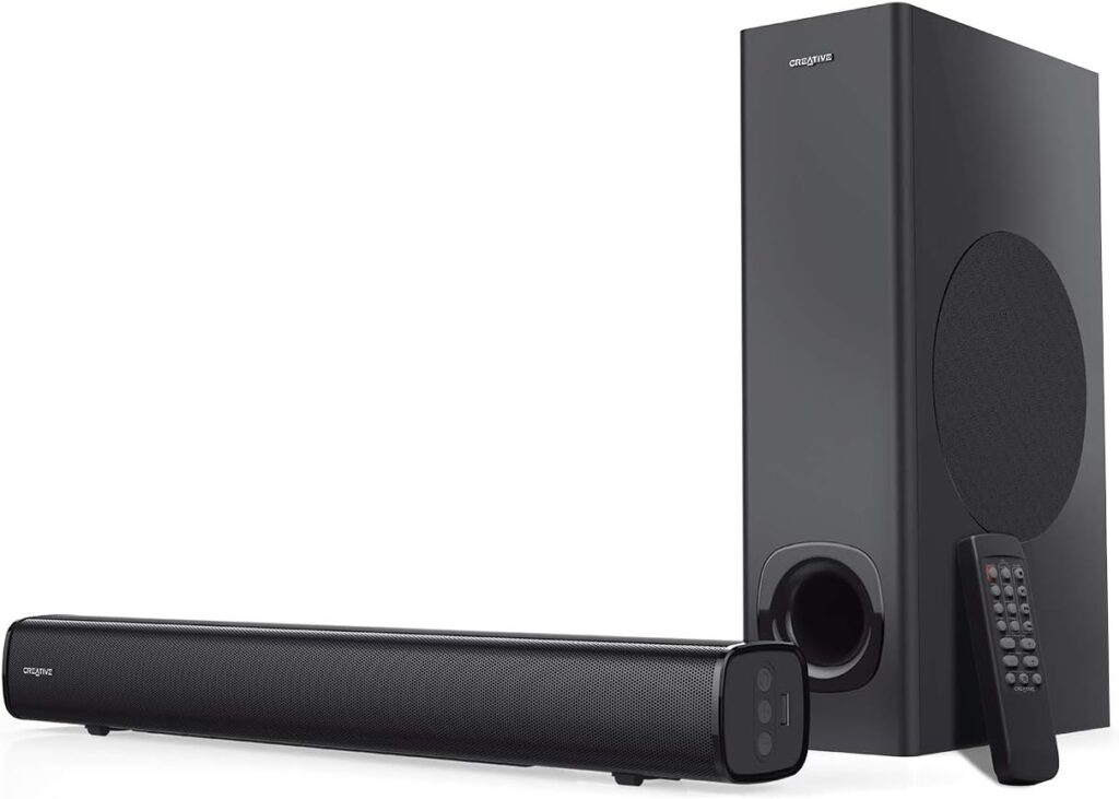 Creative Stage 2.1 Channel Under-Monitor Soundbar with Subwoofer for TV, Computers, and Ultrawide Monitors, Bluetooth/Optical Input/TV ARC/AUX-in, Remote Control and Wall Mounting Kit (Renewed)