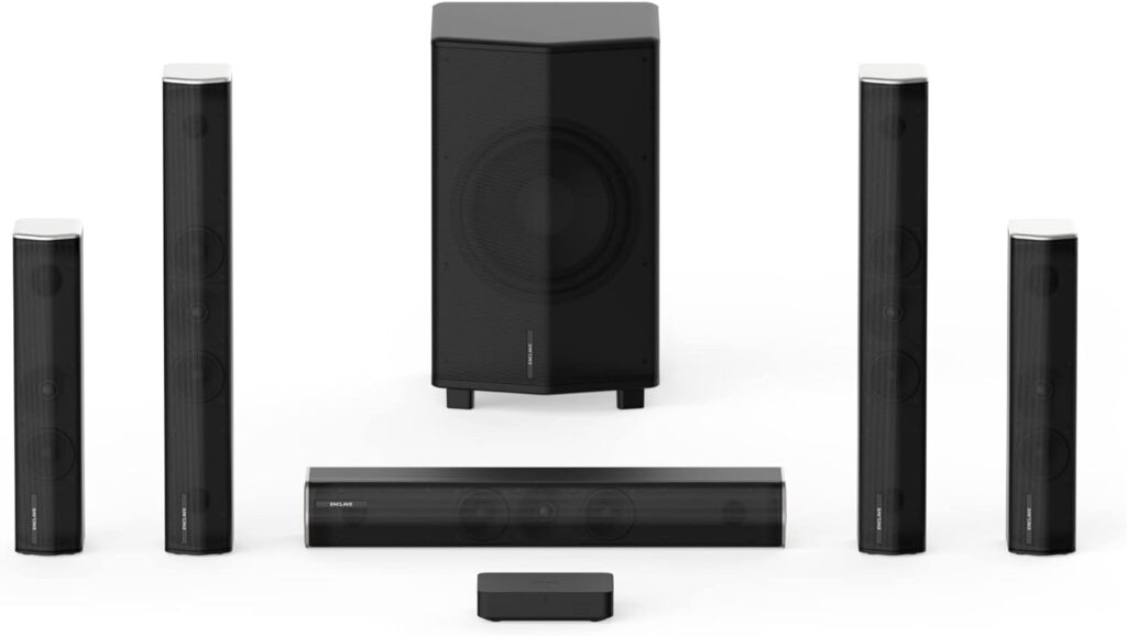 Enclave CineHome PRO - 5.1 Wireless Plug and Play Home Theater Surround Sound System - THX, Dolby, DTS WiSA Certified - Includes 5 Active Wireless Speakers, 10-inch Subwoofer CineHub Transmitter