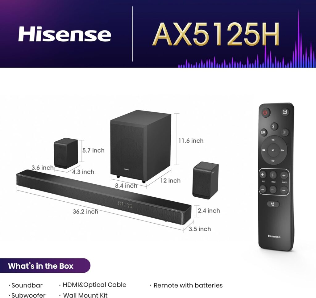 Hisense HS2100 2.1 Ch 240W Sound Bar with Wireless Subwoofer - DTS Virtual X, Dolby Audio, Ezplay, 6 EQ Modes, HDMI ARC, Bluetooth 5.3