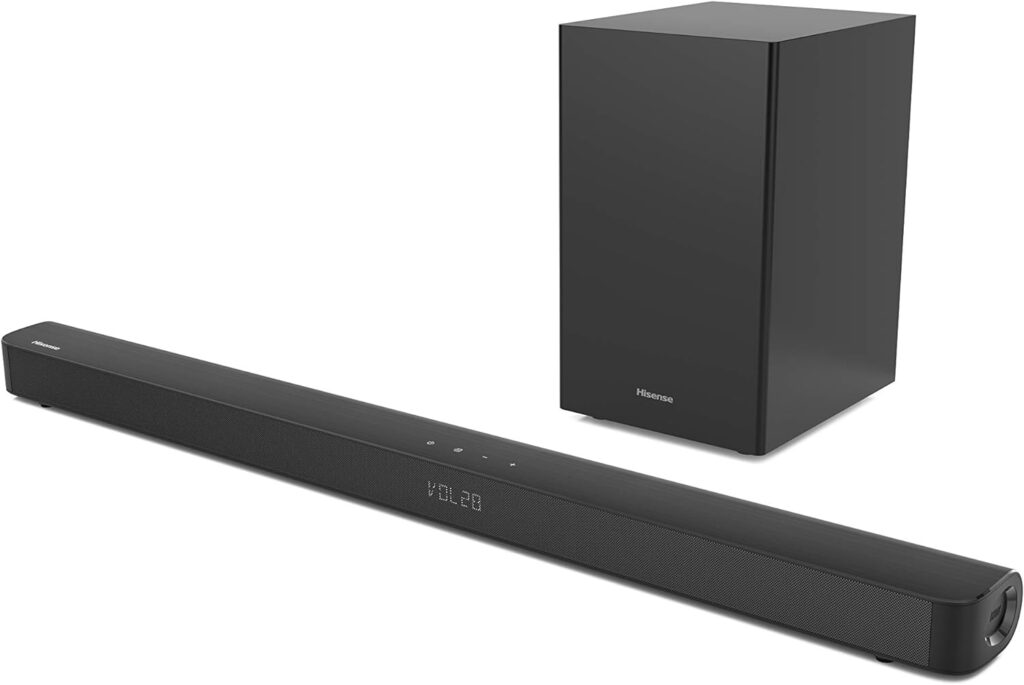 Hisense HS212F 2.1ch Sound Bar with Wireless Subwoofer, 120W, Powered by Dolby Audio, Pure Surround, Ezplay Support, Roku TV Ready, Bluetooth, HDMI ARC/Optical/AUX/USB, 3 EQ Modes, Black