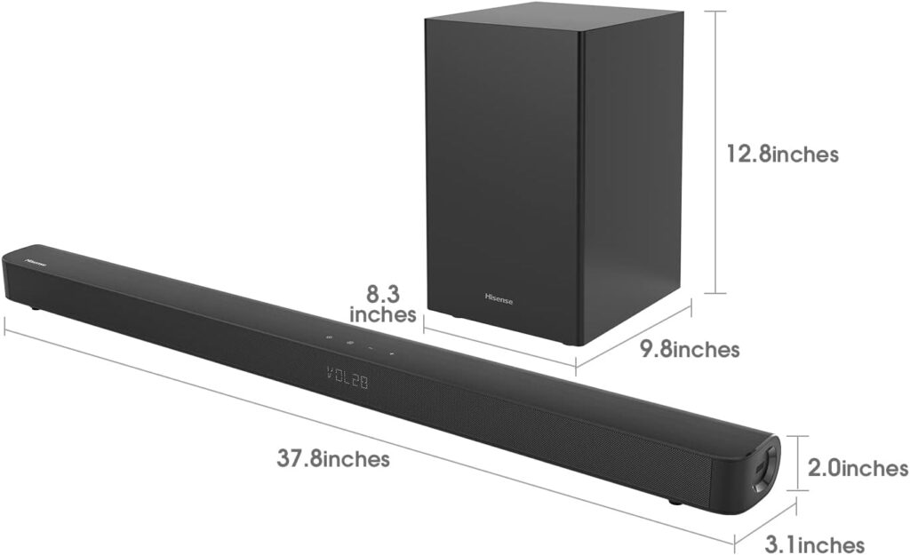 Hisense HS212F 2.1ch Sound Bar with Wireless Subwoofer, 120W, Powered by Dolby Audio, Pure Surround, Ezplay Support, Roku TV Ready, Bluetooth, HDMI ARC/Optical/AUX/USB, 3 EQ Modes, Black