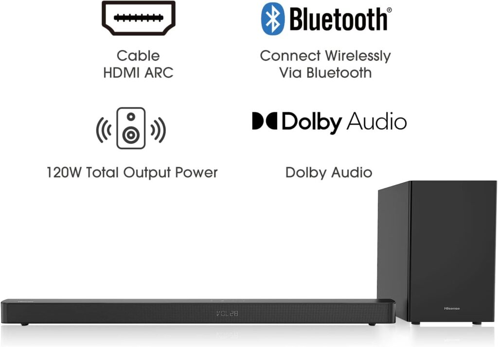 Hisense HS212F 2.1ch Sound Bar with Wireless Subwoofer, 120W, Powered by Dolby Audio, Pure Surround, Ezplay Support, Roku TV Ready, Bluetooth, HDMI ARC/Optical/AUX/USB, 3 EQ Modes, Black