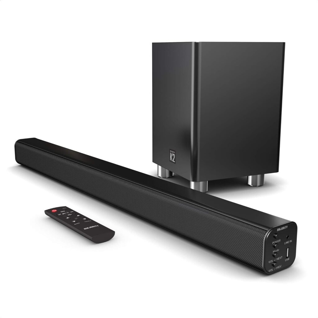 Majority K2 Sound Bar with Subwoofer | 150W Powerful Stereo 2.1 Channel Sound Bar for TV | Home Theatre 3D Surround Sound I HDMI ARC, Bluetooth, Optical RCA Connection I USB AUX Playback | Black