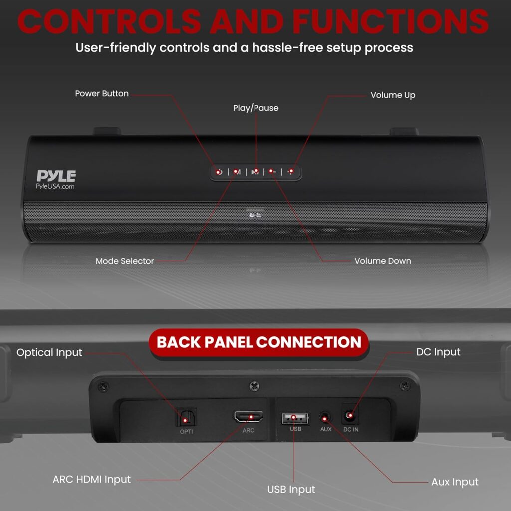 Pyle 2-Channel Tabletop Soundbar Digital Speaker System - Digital Amplifier with DSP Streaming Tabletop Stand Mount TV Digital System with AUX/Optical In/USB In/HDMI (ARC), LED Display