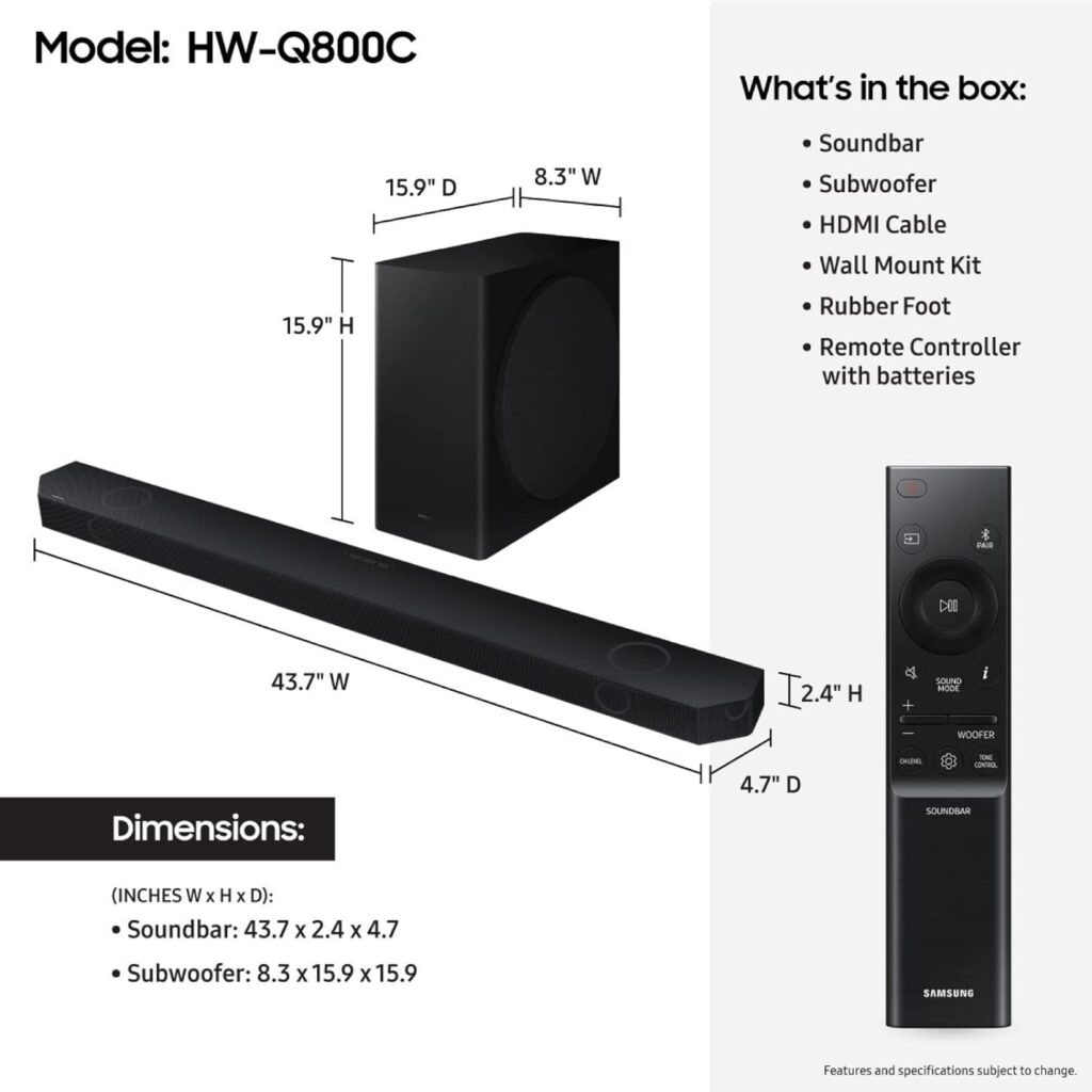 SAMSUNG HW-Q60C 3.1ch Soundbar w/Dolby Audio, Q-Symphony, Adaptive Sound Lite, HDMI eARC, Game Mode, Bluetooth, Tap Sound, Wireless Surround Sound Compatible (Newest Model),Black