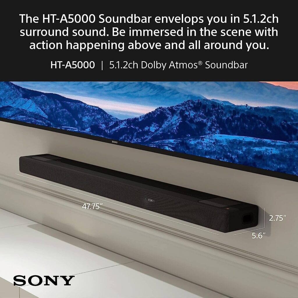 Sony HT-A5000 5.1.2ch Dolby Atmos Sound Bar Surround Sound Home Theater with DTS:X and 360 Spatial Sound Mapping, works with Alexa and Google Assistant,Black