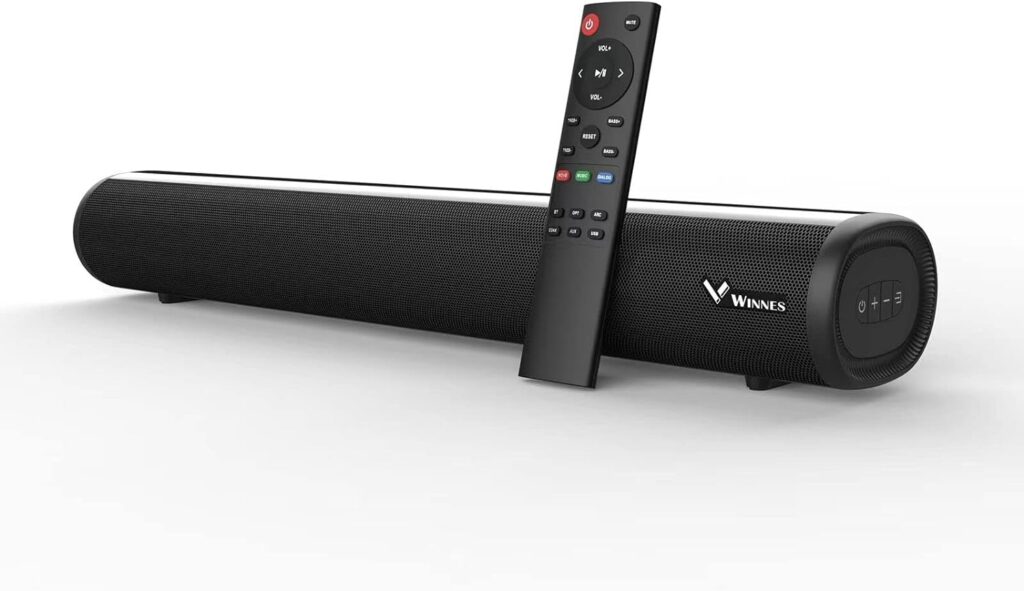 Sound Bar for TV, 16-Inch Ultra Slim 2.0ch Mini Sound Bar with 3 EQ Modes and Remote Control, Wired and Wireless Bluetooth 5.0 Home Theater Speaker, Optical/Aux/Coaxial/HDMI/USB Connections