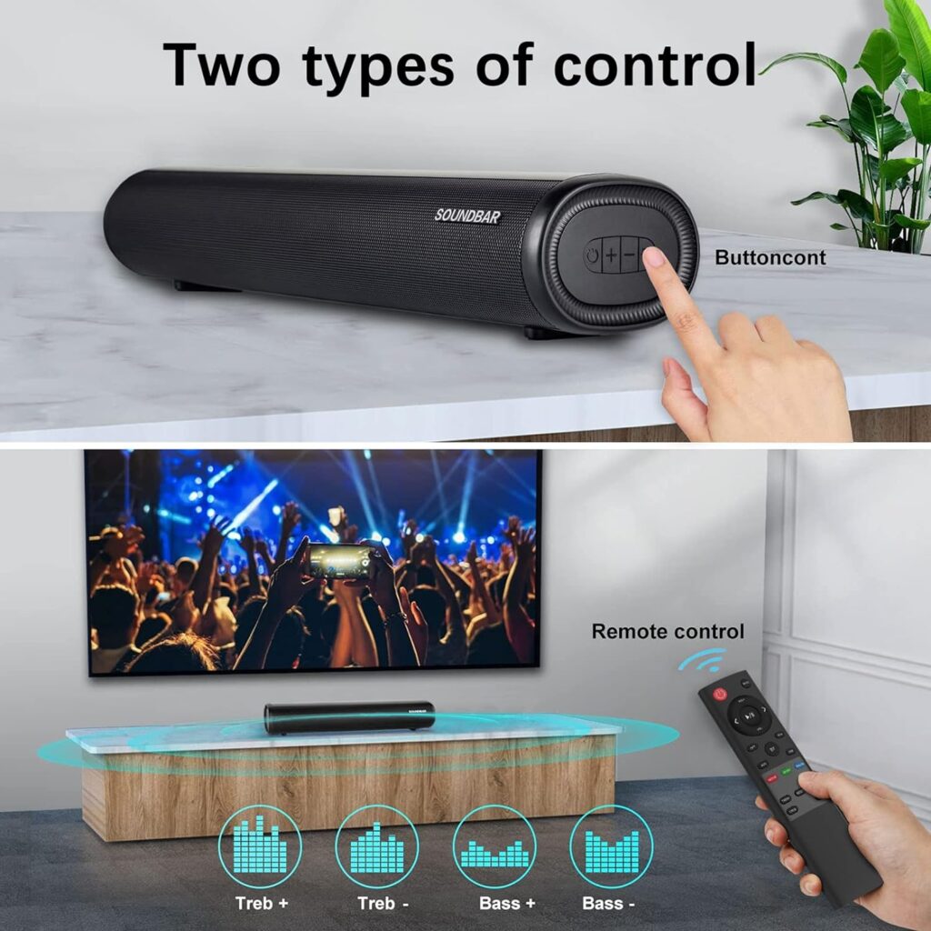 Sound Bar for TV, 16-Inch Ultra Slim 2.0ch Mini Sound Bar with 3 EQ Modes and Remote Control, Wired and Wireless Bluetooth 5.0 Home Theater Speaker, Optical/Aux/Coaxial/HDMI/USB Connections