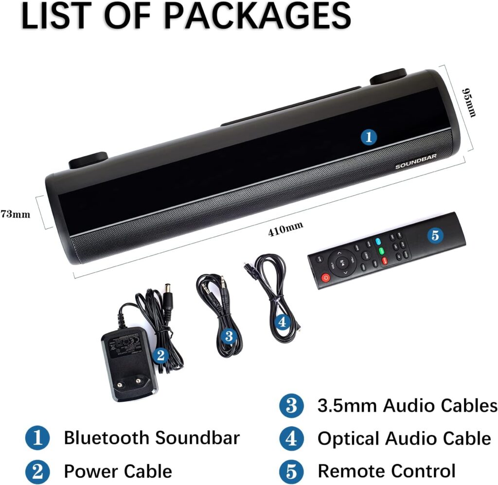 Sound Bar for TV, 16-Inch Ultra Slim 2.0ch Mini Sound Bar with 3 EQ Modes and Remote Control, Wired and Wireless Bluetooth 5.0 Home Theater Speaker, Optical/Aux/Coaxial/HDMI/USB Connections