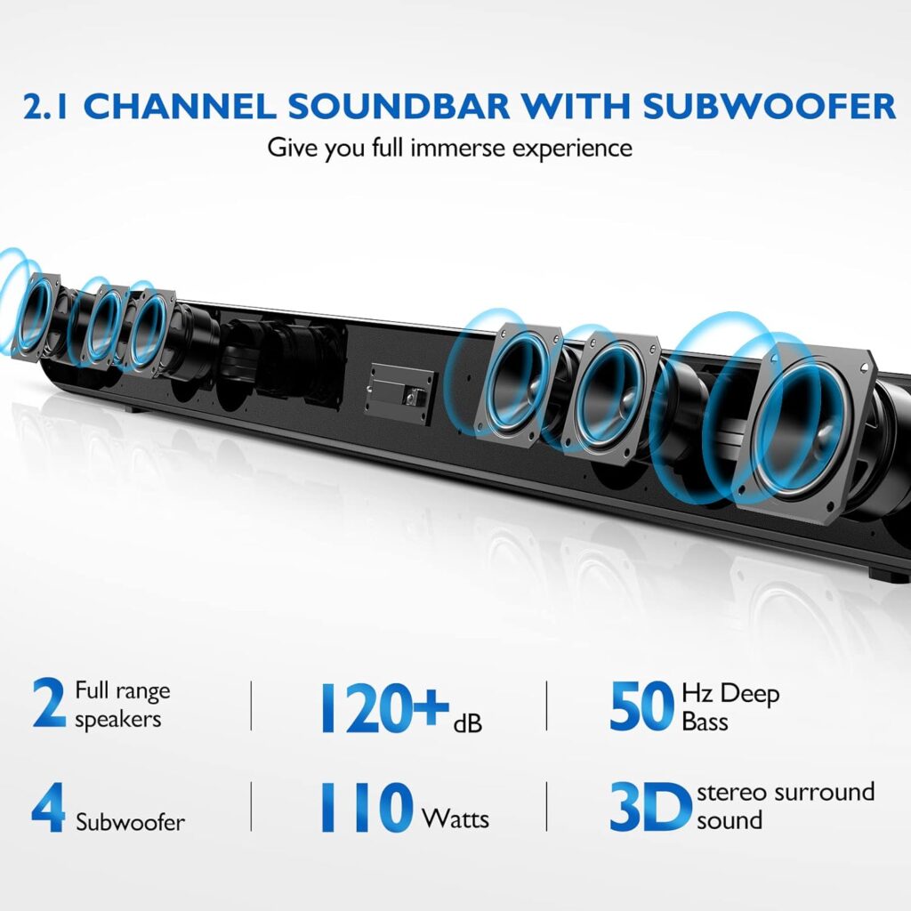 Sound Bar Soundbar TV Speaker: 110 Watt 2.1 CH Surround System Home Theater with Built-in Subwoofer Wireless Wired Bluetooth 5.0 Optical AUX HDMI-ARC RCA USB Connectivity - Mountable