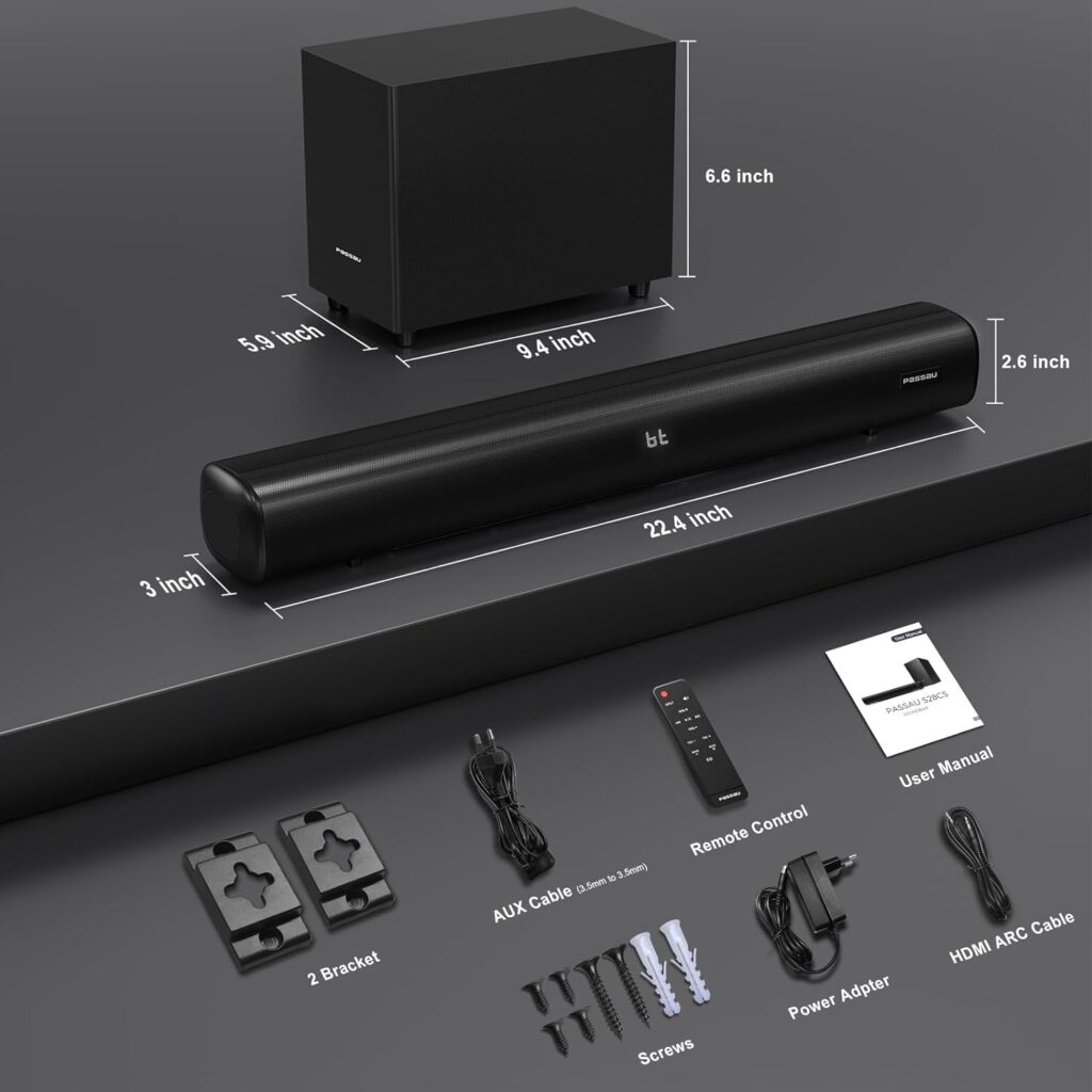 Sound Bars for TV Speaker 22 Inch Full-Range Divers, LED Display, Bass Adjustable, Bluetooth 5.3 Soundbar, HDMI(ARC)/USB/AUX Inputs, 6 EQ Surround Sound System TV Sound Bar for Home Audio