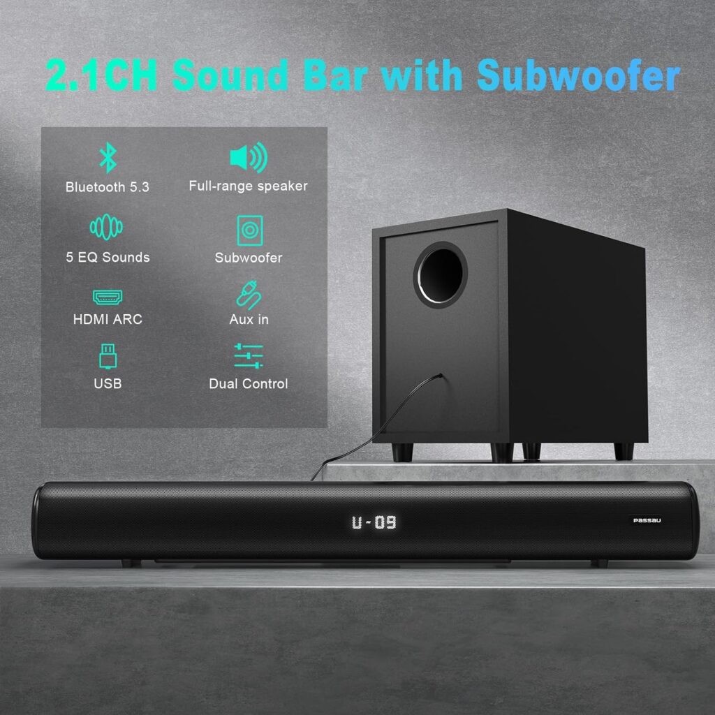 Sound Bars for TV Speaker 22 Inch Full-Range Divers, LED Display, Bass Adjustable, Bluetooth 5.3 Soundbar, HDMI(ARC)/USB/AUX Inputs, 6 EQ Surround Sound System TV Sound Bar for Home Audio