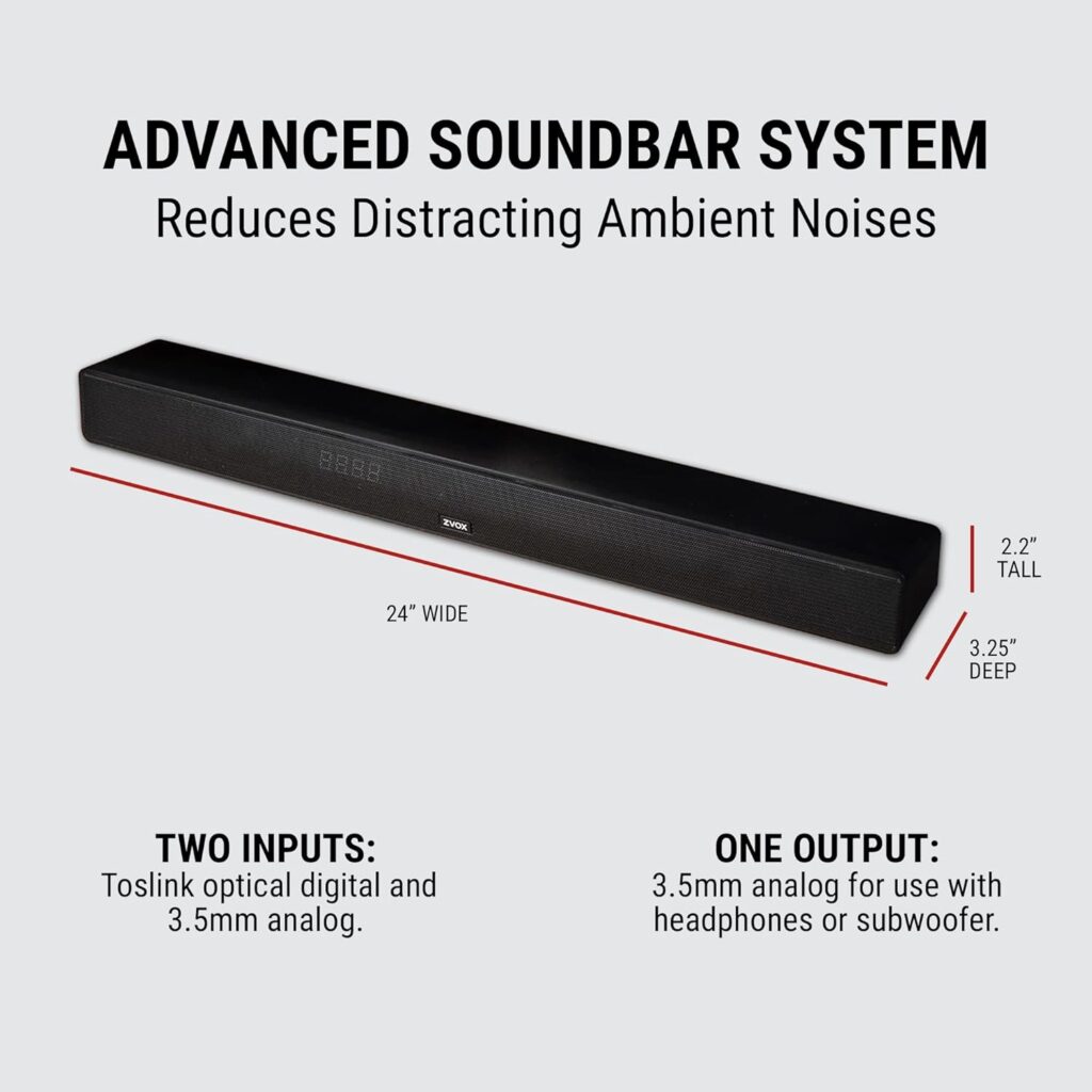 ZVOX Dialogue Clarifying Sound Bar with Patented Hearing Technology - Low-Profile, Twelve Levels of Voice Boost - Home Theater Audio TV Speakers Soundbar with AccuVoice - AV355 Black