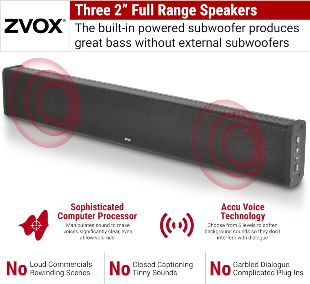 ZVOX SB380 Soundbar for TV with AccuVoice Dialogue Boost, Aluminum Soundbar with Built-in Subwoofer, Wall Mountable Home Speaker Bar for Clearer Sound, 35.5 TV Sound Bar