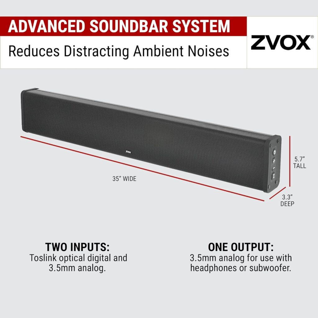 ZVOX SB380 Soundbar for TV with AccuVoice Dialogue Boost, Aluminum Soundbar with Built-in Subwoofer, Wall Mountable Home Speaker Bar for Clearer Sound, 35.5 TV Sound Bar